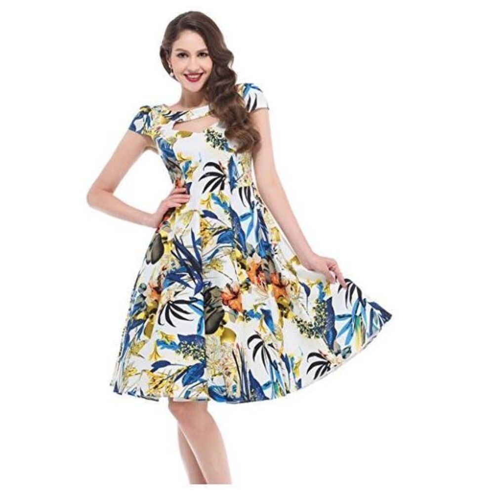 Belle Poque Palm Floral Print Vintage Inspired Retro Swing Dress